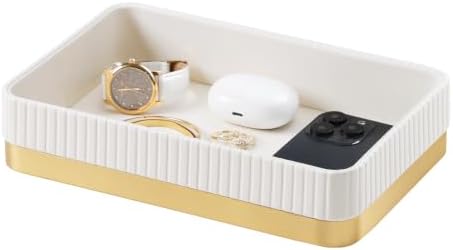 Valet Tray Organizer Bedside Nightstand Organizer Desk Catchall Tray (Ivory-Gold Trim) by Cretkhp