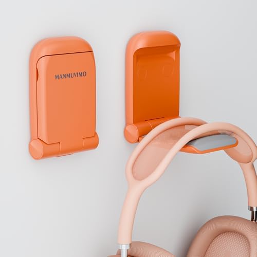 MAMUVIMO Headphone Stand, Headset Stand Foldable ＆ Sticky, Headphone Holder Hook Mount with Non-Slip Silicone, Adhesive Earphone Desk Hanger Clip Space-Saving for Airpods Max, All Earphones- Orange by MANMUVIMO