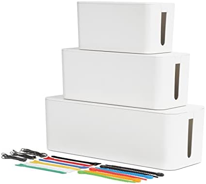 Oxford Cable Management Boxes, 3 Pack, Small, Medium, Large, 15 Cable Ties (Hook & Loop, Silicone,Twist Ties), Power Strip Organizer, White (27800) by Oxford