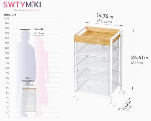 Rolling Cart with Drawers - Under Desk Storage Cart with Wheels, 4 Metal Drawers, Wood Top, Utility File Cart for Office Organization, Art, Craft, Classroom, Kitchen, Bedroom White - Image 3