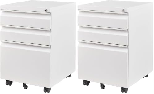 3 Drawer Mobile File Cabinet with Lock, Under Desk Metal Filing Cabinets for Home Office Organizer Letters/Legal/A4(Fully Assembled-White) (Pack of 2) by LetayaMetalCabinets