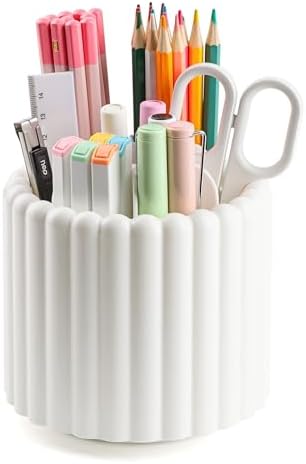 Desk Organizer, 360° Rotating Pen Holder for Desk, Pencil Cup with 7 Compartments Storage Box Caddy for Kids, Office, School, Home (White) by Sallurna