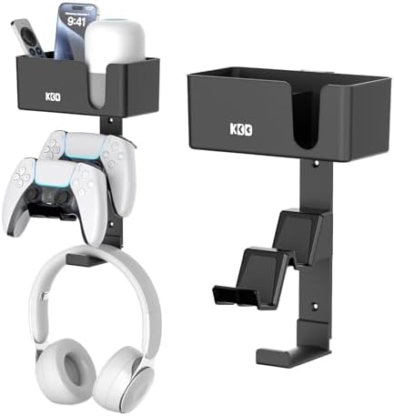 KDD 4-in-1 Wall Mount Controller Holder - Dual Game Controller and Headphone Hanger with Anti-Slip Pads for Xbox ONE/X Series/PS5/PS4 - Detachable Desk Storage for Media Remote, Phone and Speaker by KDD