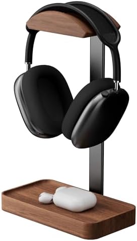 muso wood Walnut Headphone Stand, Wood Headset Stand with Storage Base by Musowood