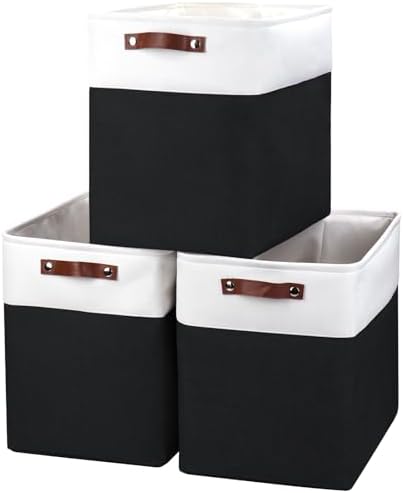 Large Fabric Storage Baskets | 50L Storage Bins, Decorative Linen Closet Baskets with Handles for Organizing, Shelf, Toys, Clothes, Home, Office, Nursery, 17x12x15Inches (Black&White) by Bagnizer