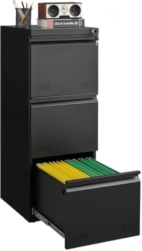 Metal File Cabinet with Lock, Vertical 3 Drawer File Cabinets for Home Office, Heavy Duty Office Storage Cabinet for A4/Letter/Legal Size, Assembly Required(Black) by GUIZEEOPO