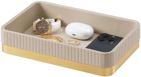 Valet Tray Organizer Bedside Nightstand Organizer Desk Catchall Tray (Beige-Gold Trim) by Cretkhp