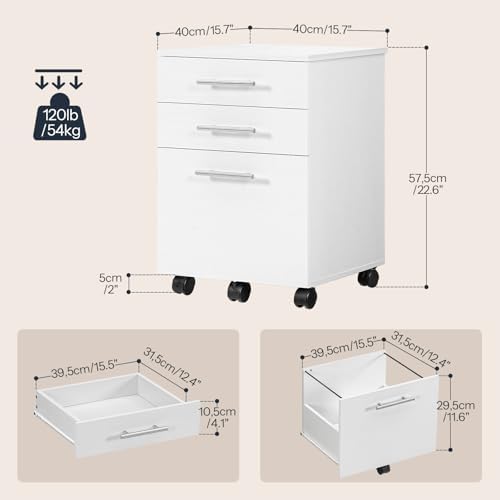 HOOBRO 3-Drawer File Cabinet, Wooden Under Desk Filing Cabinet, fits A4/Letter Size for Home Office, Small Rolling Storage Drawer Chest, Printer Stand with Drawers, White WW02WJ01G1 - Image 3
