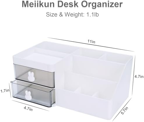Desk Organizer, Makeup Organizer with 2 Drawer, 7 Compartment & a Top Tray, Desktop Organizers and Storage for Women, Cute Home organization Bathroom, 11" x 5.7" x 4.7" (White) - Image 2