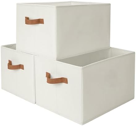 StorageWorks Closet Storage Bins with PU Handles, Beige, Extra Large by StorageWorks