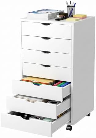7 Drawer Mobile File Cabinet with Wheels, Office Storage Drawers, White by ALPEN