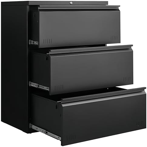 Lateral 3 Drawer File Cabient with Lock, Metal Filing Cabinets for Home Office, Heavty Duty Office Storage Cabinet for A4/Letter/Legal (Matte Black) by Approgreent