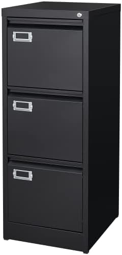 3 Drawer File Cabinet with Lock Metal Vertical File Cabinet Office Home Narrow File Cabinet for A4 Legal/Letter Size,Assembly Required (Black, 3 Drawers-Vertical) by BYNSOE