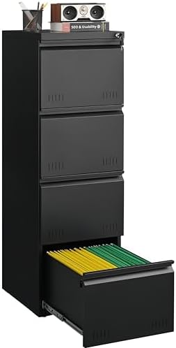 Metal File Cabinet with Lock, Vertical 4 Drawer File Cabinets for Home Office, Heavy Duty Office Storage Cabinet for A4/Letter/Legal Size, Assembly Required(Black) by GUIZEEOPO