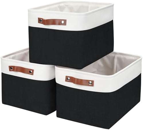 Storage Bins Large Fabric Storage Baskets for Shelves 3 Pack, Decorative Linen Closet Baskets with Handles for Organizing, Shelf, Clothes, Home, Office, 15x11x9.5Inches (Black&White) by Bagnizer