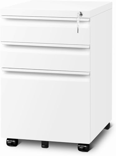 3 Drawer File Cabinet with Lock, File Cabinets for Home Office,Under Desk Cabinet, Locking File Cabinet for A4/Letter/Legal, Fully Assembled Expect Casters, Matte White by GUIZEEOPO