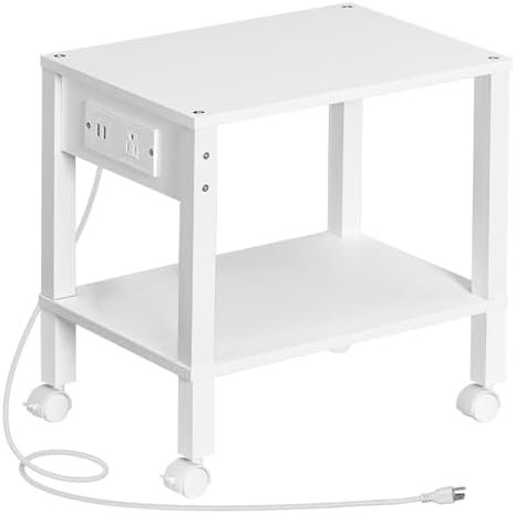 HOOBRO 2-Tier Printer Stand with Charging Station, Under Desk Printer Table, Printer Cart with Storage Shelves, Shelf for Small Spaces, for Home Office, White WT38UPS01 by HOOBRO