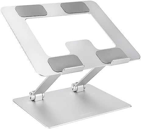 Amazon Basics Sturdy and Portable Ergonomic Laptop Stand for Desk, Height Adjustable Riser with Ventilated Cooling, Foldable, Fits all Laptops up to 15.6 Inch, Silver by AmazonBasics