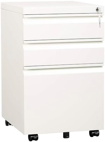 Mount-It! 3 Drawer File Cabinet with Lock and Wheels, Under Desk Storage Filing Pedestal for Home Office, No Assembly Small Rolling File Cabinet for Legal, Letter, and A4 Files in White by Mount-It