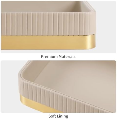 Valet Tray Organizer Bedside Nightstand Organizer Desk Catchall Tray (Beige-Gold Trim) - Image 4
