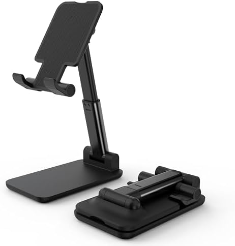 Cell Phone Stand, Adjustable Angle and Height Cell Phone Holder for Desk, Foldable and Portable, Anti-Slip Silicone Pad, Compatible with All Mobile Phones and 4-8 Inch Devices, Black by HZZADZXW