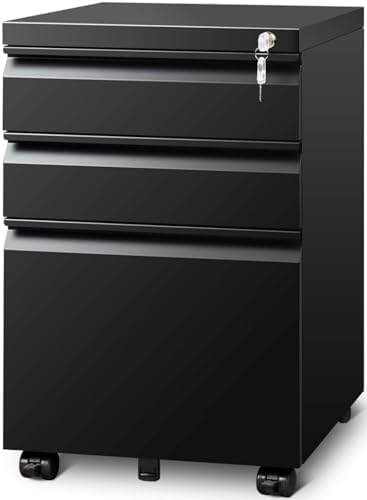 Filing Cabinets for Home Office, Mobile File Cabinet with Lock, 3 Drawer Filing Cabinet for A4/Letter/Legal Size Folder, Fully Assembled Except Casters, Matte Black by GUIZEEOPO