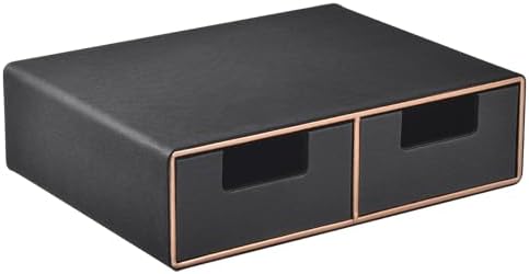 Linen Leather Desk Organizer and monitor stand with Drawers－Mini Desktop Drawer Organizer Stackable－Tabletop Organization Storage Box for Office Supplies Home Vanity Toiletries (Black, 2-drawers) by RHCSZ