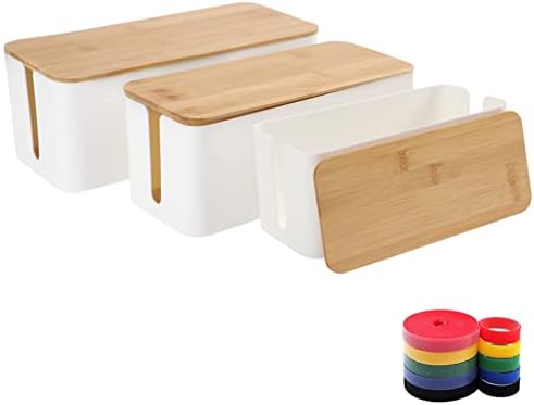 Cable Management Box Organizer, Set of 3 Bamboo Lid Storage Wires Holder to Cover Hide Surge Protector, Power Strips & Cords- with 5 Cables Fastening Tapes for Home, Office, Desk, PC, TV, USB Hub by OSPNIEEK