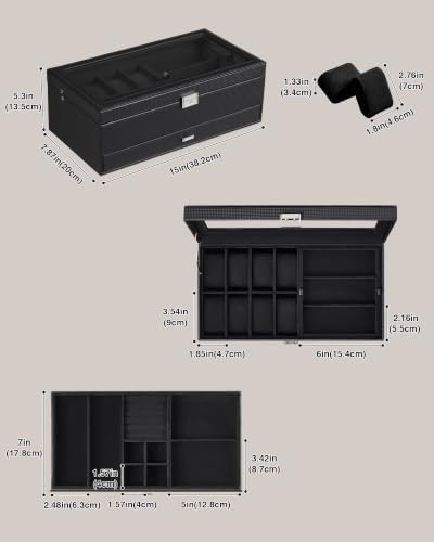 ProCase Mens Jewelry Box, Lockable 8 Slot Watch Case & 3 Slot Sunglasses Organizer, 2-layer Mens Jewelry Organizer Watch Box for Men, Watches Holder Display Storage, Fathers Day Gift -AllBlack - Image 5