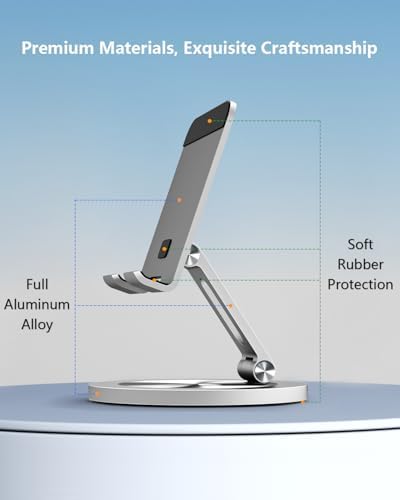 Phone Stand for Desk, 360° Rotating Dual Adjustable Foldable Cell Phone Holder, Heavy Solid All-Aluminum Base Anti-Slip Stable Support for Home Office Study, Fits iPhone Galaxy 4-8" Phones - Image 5
