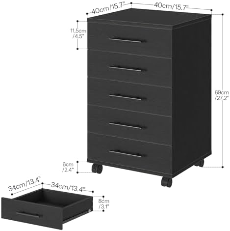 HOOBRO 5-Drawer File Cabinet, Office Cabinet with Drawers, Wooden Storage Cabinet with Wheels for Makeup, Home Office, Study, Easy Assembly, Black BK05WJ01 - Image 3