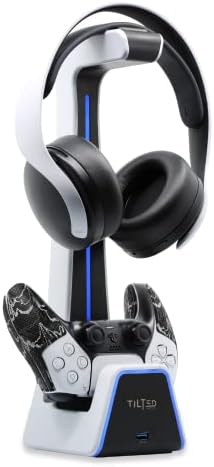 Gaming Headset and Controller Stand | Premium PS5 Accessories (Clean Space with Charging Station) Headphone and Controller Holder for Desk, PlayStation 5, Xbox Game, by TiltedNation