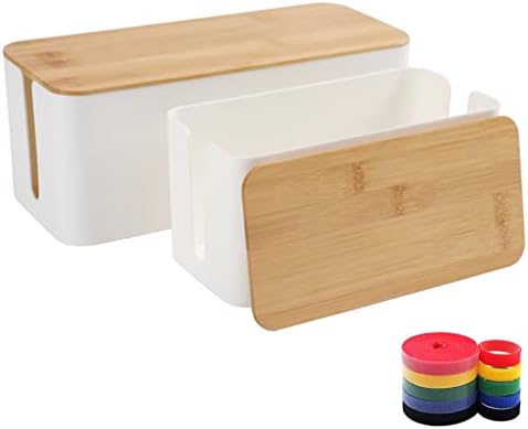 Cable Management Box Organizer, Set of 2 Bamboo Lid Large Storage Wire Holder to Conceal Hide Surge Protector, Power Strips Cord on Desk Floor, with 5 Cables Tape for Home Office Computer TV USB Hub by OSPNIEEK