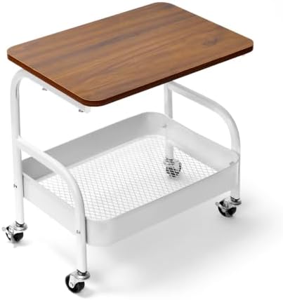 2 Tier Short Rolling Pantry Cart on Wheels Under Desk Storage Metal Utility Cart with Table Top for Kitchen, Small Printer Stand White Snack Shelf Craft Rack Large Capacity Bedside Organizer by LIWNYRK