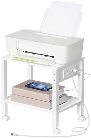 HOOBRO 2-Tier Printer Stand with Charging Station, Under Desk Printer Table, Printer Cart with Storage Shelves, Shelf for Small Spaces, for Home Office, White WT38UPS01 - Image 3