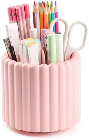 Desk Organizer, 360° Rotating Pen Holder for Desk, Pencil Cup with 7 Compartments Storage Box Caddy for Kids, Office, School, Home (Pink) by Sallurna