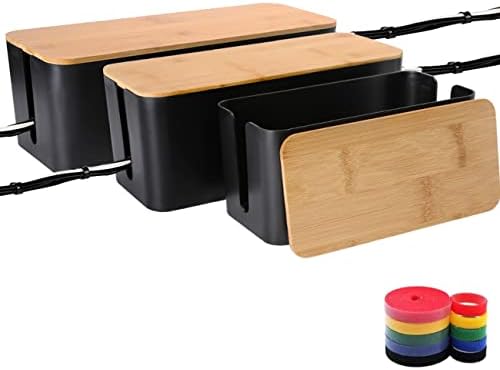 Cable Management Box Organizer, Set of 3 Bamboo Lid Storage Wires Holder to Cover Hide Surge Protector, Power Strips & Cord on Desk Floor - with 5 Cord Organized Tape for Home, Office, PC, TV, USB Hub by OSPNIEEK