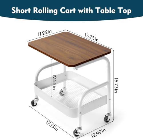 2 Tier Short Rolling Pantry Cart on Wheels Under Desk Storage Metal Utility Cart with Table Top for Kitchen, Small Printer Stand White Snack Shelf Craft Rack Large Capacity Bedside Organizer - Image 5