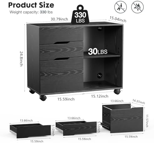 DUMOS 3 Drawer Rolling File Cabinet, Wood Printer Stand with Storage - Image 2