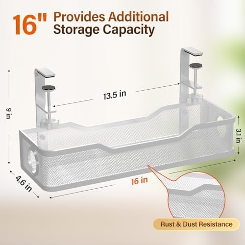 [Upgraded] 2 Pack Under Desk Cable Management Tray, Cinati Cord Organizers for Table Thickness up to 3", 16" Wire Organization with Clamp No Drill, Cable Management Box for Office - No Damage to Desk - Image 6