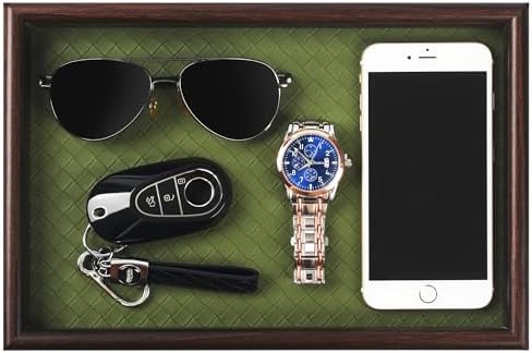 Wooden Valet Tray with Leather Base - Nightstand Catchall Organizer for Cologne, Perfume, Keys, Wallet, Phone, Watch, Jewelry & Sunglasses (Green) by Zosenley