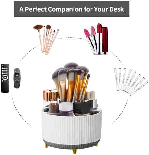 Marbrasse Desk Organizer, 360-Degree Rotating Pen Holder, Desk Organizers and Accessories with 5 Compartments Pencil Holder, Art Supply Storage Box Caddy for Office, Home (White+Grey) - Image 6