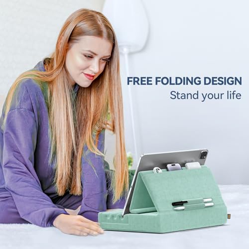 KDD Tablet Pillow Holder, Foldable iPad Stand for Lap, Bed and Desk -Tablet Soft Pad Dock with Pocket & Stylus Mount Compatible with iPad Pro 12.9, 10.5, 9.7 Air Mini 6 5 4 3, E-Reader - Image 2