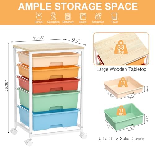 Utility Cart with Drawers,5 Drawers Storage Cart,Macaron - Image 3
