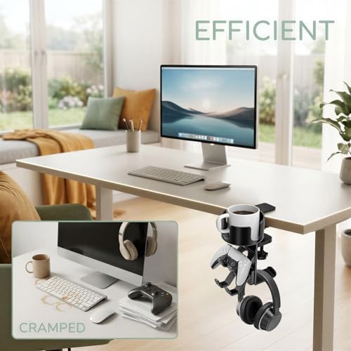 3-in-1 Desk Cup Holder, Clamp-on Drink Holder with Headphone Hanger and Dual Controller Stands, 360° Rotating Desk Organizer for Gaming Office Table - Image 2