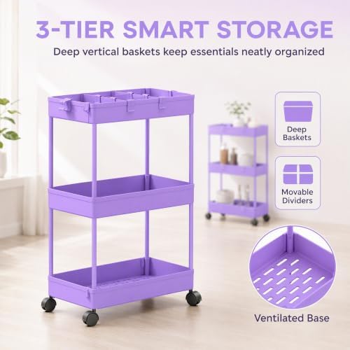 Slim Storage Cart 3 Tier,Bathroom Organizer Rolling Utility,Mobile Shelving Unit Slide Out for Office, Kitchen, Laundry Room & Narrow Places,Purple - Image 7