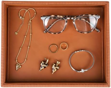 HofferRuffer Faux Leather Vanity Tray, Elegant Desktop Storage Organizer, Decorative Catchall for Perfume, Bathroom Valet, Nightstand or Dresser, 10.2 x 8.4 x 1.8 inches (Brown Stripe) by HofferRuffer