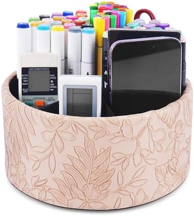 Remote Control Holder, 360°Spinning PU Leather Desk TV Remote Caddy,Desk Storage Box Room Accessories for Controller, Media,Mail,Calculator, Mobile Phone,Pencil(1-Carved Light Brown) by Hennaja