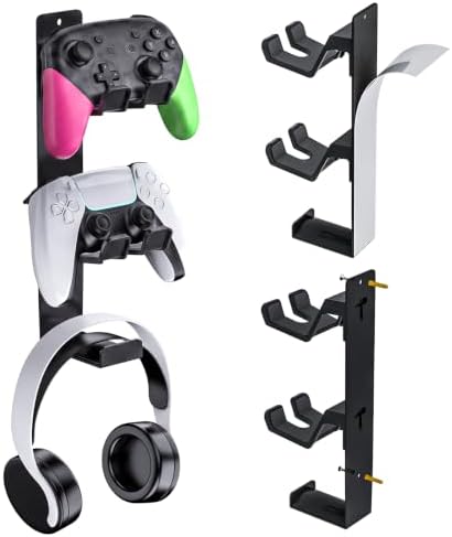 ZYTHRONE Dual Controller Holder Wall Mount, Metal Headset Stand for PS5, PS4, with Adhesive or Screws, Strong Adhesive by Screws, Black by ZYTHRONE