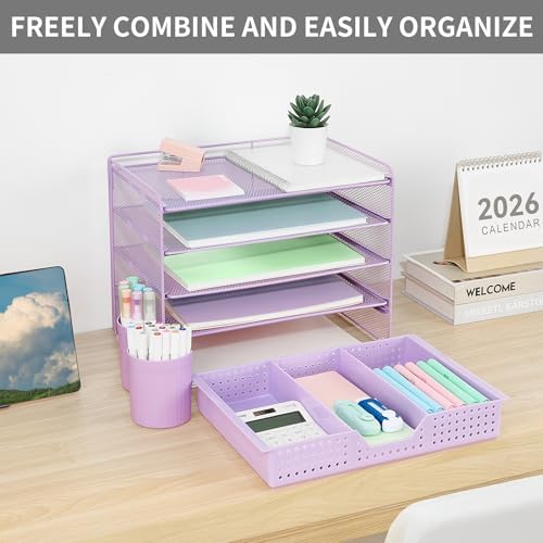 Desk Organizers and Accessories, 5-Tier Paper Letter Tray Organizer with Drawer & 2 Pen Holders, Desktop Organizer for Office Supplies (Purple) - Image 7